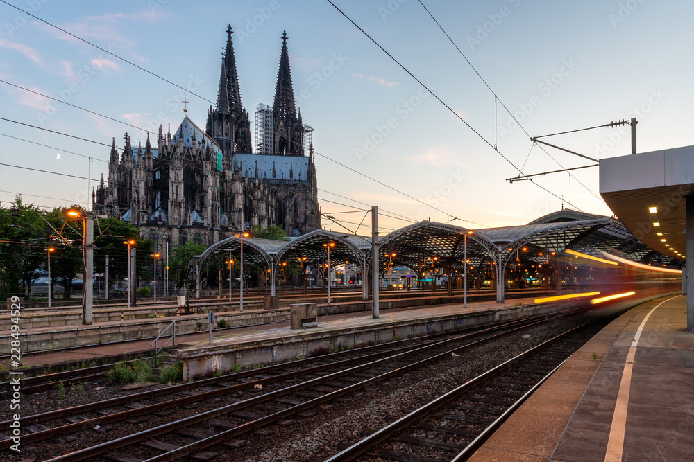 train in the station and Cologne Cathedral