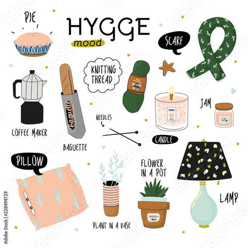 Cute vector illustration of autumn and winter hygge elements photo