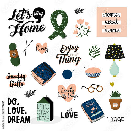 Cute vector illustration of autumn and winter hygge elements. Is