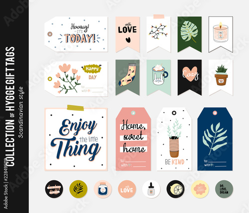 Super cute vector set of hygge cards, tags and labels.