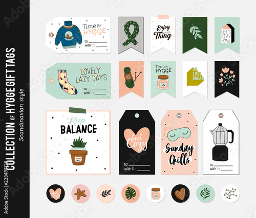 Super cute vector set of hygge cards, tags and labels.