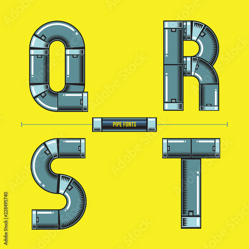 Alphabet Metal pipes style in a set QRST fonts comic vector