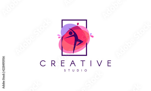 Dance logo. Dance studio logo design.  Fitness class banner background with symbol of abstract stylized gymnast girl in dancing pose.