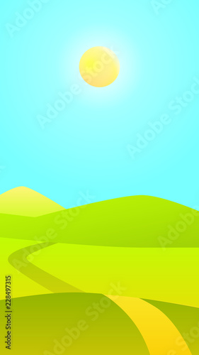 Vector landscape - green field and sun in sky in noon time, phone screensaver. Colorful trendy gradients, iridescent colors. Effect soft transition. Background template, modern design illustration.