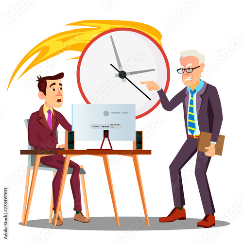 Deadline, Scared Employee Working Next To Angry Manager Vector. Isolated Illustration