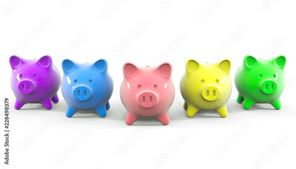Set of colorful piggy banks isolated on white background, concept savings. 3D render