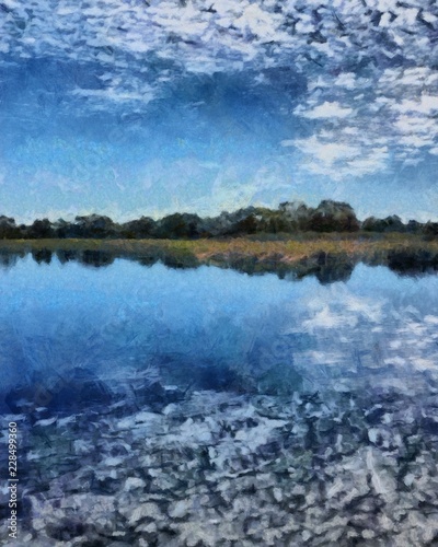 Hand drawing watercolor art on canvas. Artistic big print. Original modern painting. Acrylic dry brush background.  Wonderful summer landscape. Beautiful view. Charming resort. Bright blue lake    