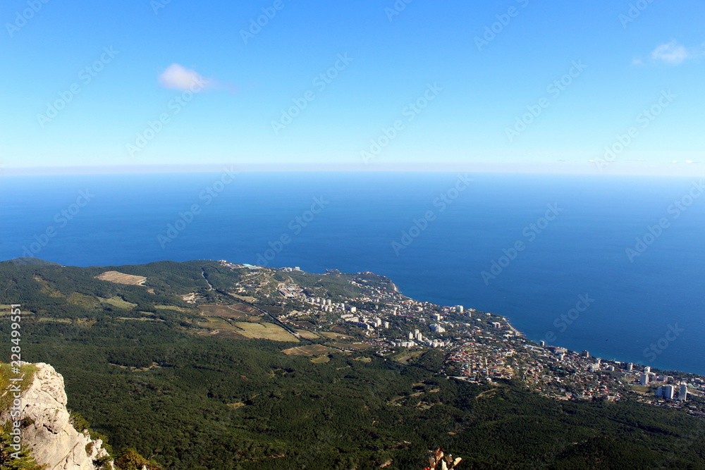 Obraz premium View from the top of the mountain at an altitude of more than 1200 meters above sea level on the southern coast of Crimea