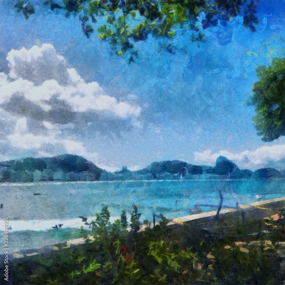 Naklejka premium Hand drawing watercolor art on canvas. Artistic big print. Original modern painting. Acrylic dry brush background. Wonderful landscape. Beautiful view. Charming resort. Luxury paradise. Travel time