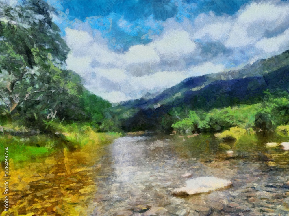 Fototapeta premium Hand drawing watercolor art on canvas. Artistic big print. Original modern painting. Acrylic dry brush background. Wonderful landscape. Beautiful view. Mountain resort. Luxury paradise. Travel time