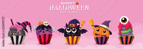 Vintage Halloween poster design with vector witch cupcake & ghost character. 