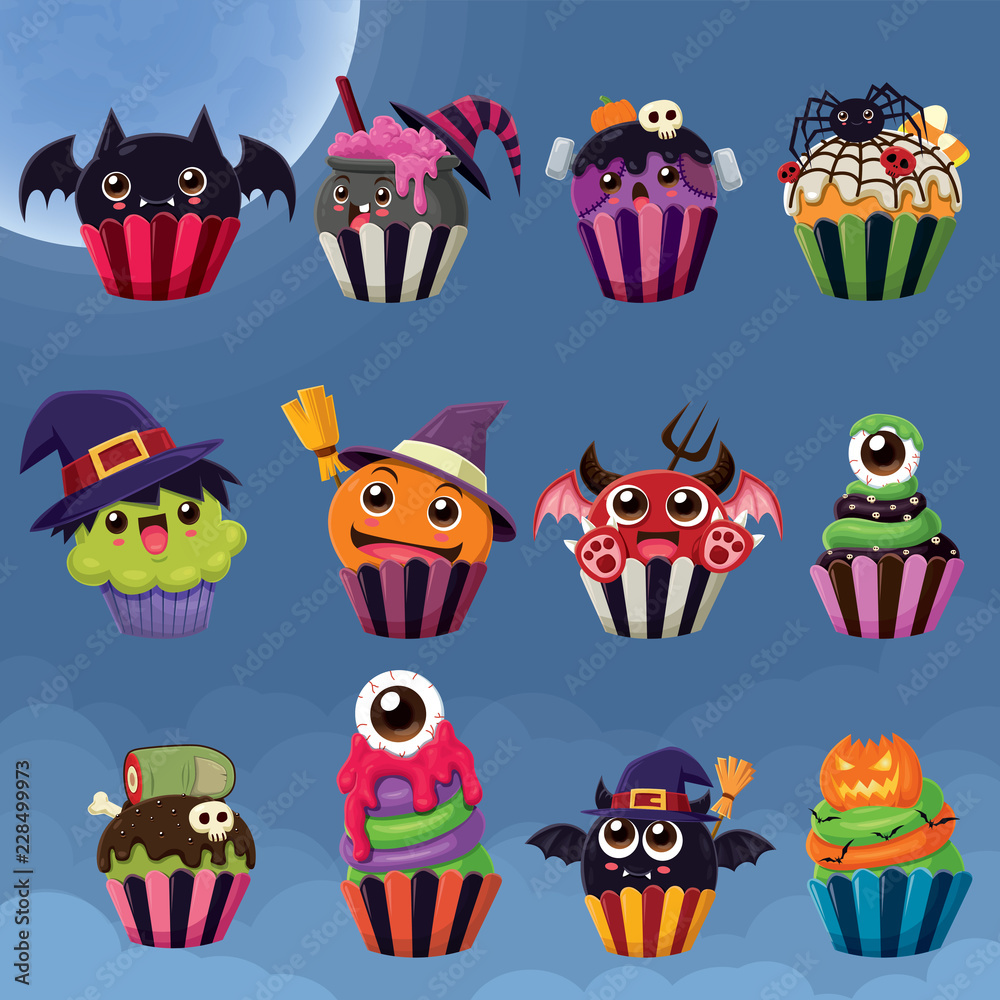 Vintage Halloween poster design with vector witch, potion pot, spider, monster, demon, eyeball, zombie, Jack O Lantern cupcake character. 