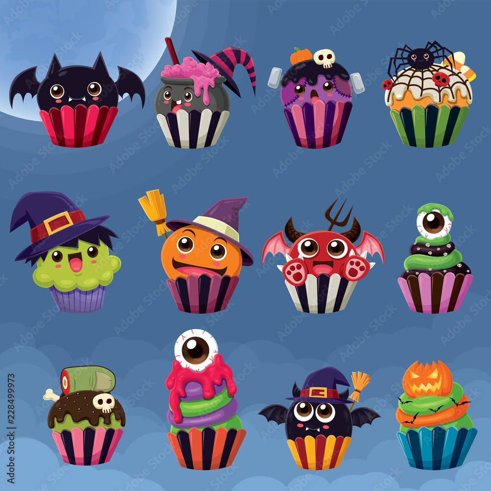 Fototapeta premium Vintage Halloween poster design with vector witch, potion pot, spider, monster, demon, eyeball, zombie, Jack O Lantern cupcake character. 