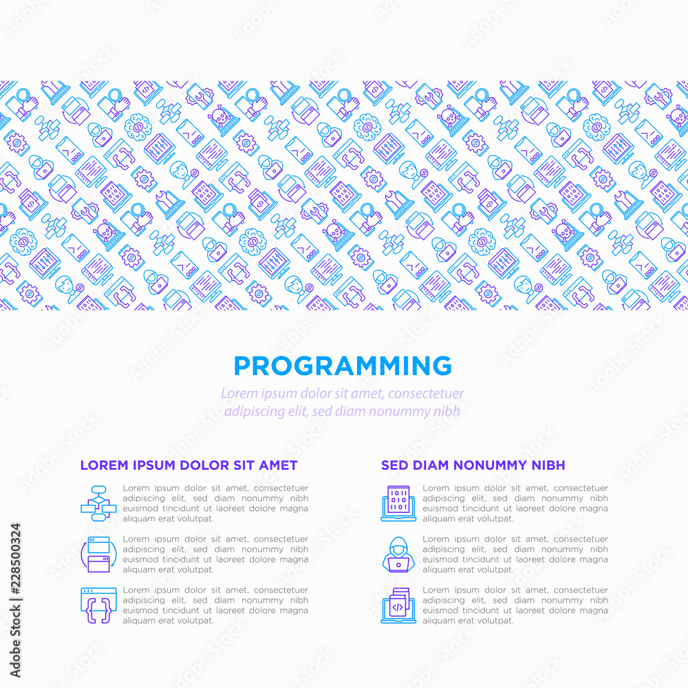Programming concept with thin line icons: developer, code, algorithm, technical support, program setup, compilation, app testing, virus, optimization. Vector illustration, print media template. Programming concept with thin line icons: developer, code, algorithm, technical support, program setup, compilation, app testing, virus, optimization. Vector illustration, print media template.