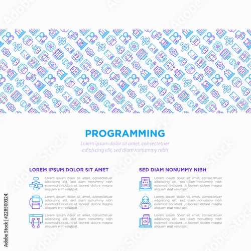 Programming concept with thin line icons: developer, code, algorithm, technical support, program setup, compilation, app testing, virus, optimization. Vector illustration, print media template.