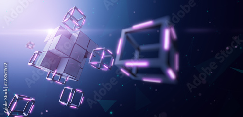 Blockchain Technology, Large block dismantles in to small cube photo