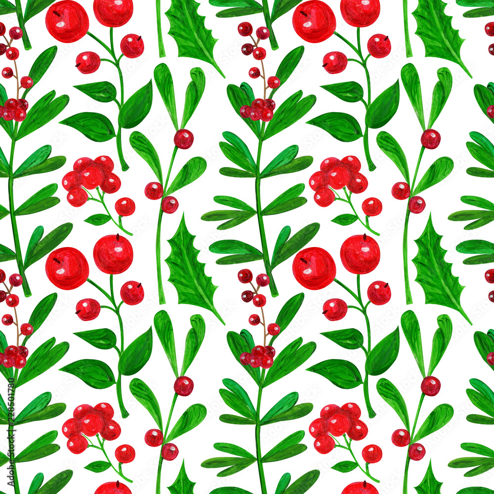 Seamless pattern with Christmas flowers, leaves, sprigs in the technique of gouache Seamless pattern with Christmas flowers, leaves, sprigs in the technique of gouache