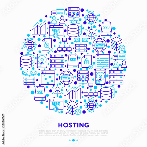 Hosting concept in circle with thin line icons: VPS, customer support, domain name, automated backup, SSD, control panel, secure server, local network, SSL. Vector illustration for banner, print media