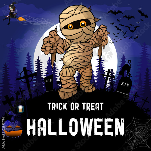 Halloween Party Design template with mummy. Vector illustration.