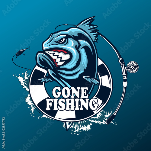 Angry piranha fishing logo. Vector illustration can be used for creating logo and emblem for fishing clubs, prints, web and other crafts.