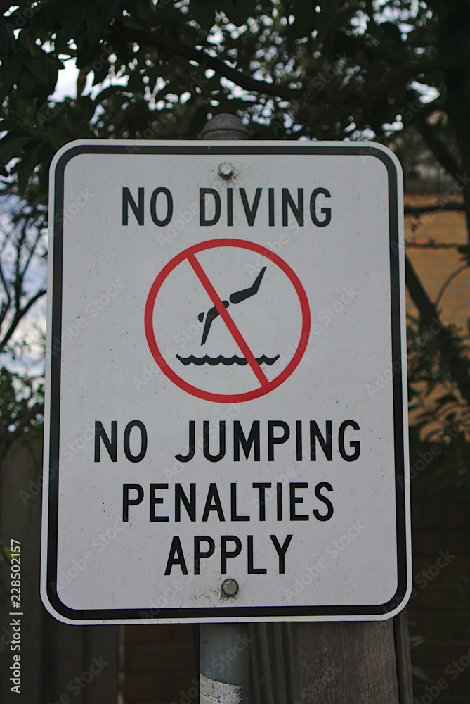 No jumping or diving from the bridge sign No jumping or diving from the bridge sign