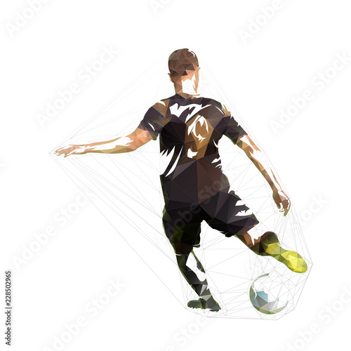 Football player in black jersey kicking ball, abstract low poly vector drawing. Soccer, isolated geometric colorful illustration