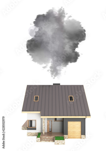 Ecology concept Illustration of pollution by exhaust gases Modern house producing a lot of smoke isolated on white background 3d render without shadow