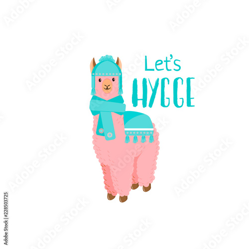Cute llama or alpaca flat characters set for nursery design, poster, banner, logo, icon, greeting card, sticker. Baby llama or little alpaca for wool producer. Cartoon wild animal in scarf and pompons