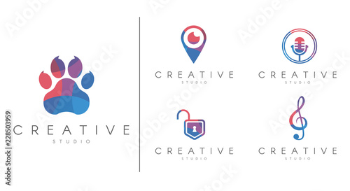 Multicolored Logotype set. Brand identity collection for sport, education , animals,  security, music, vector template.