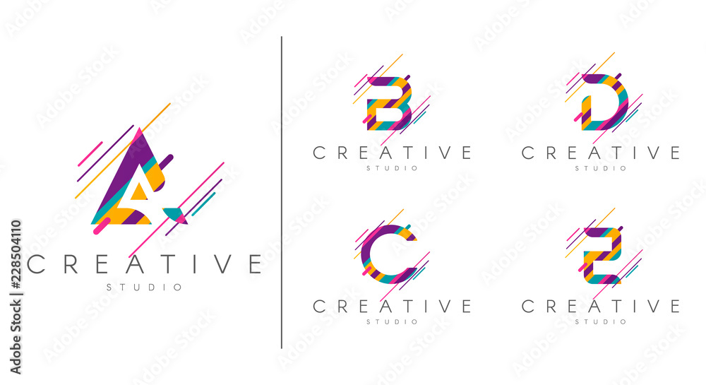 Letter logo set. Letter design for company name - A, B, C, D, E.  Abstract letters design, made of various geometric shapes in color.  - obrazy, fototapety, plakaty 
