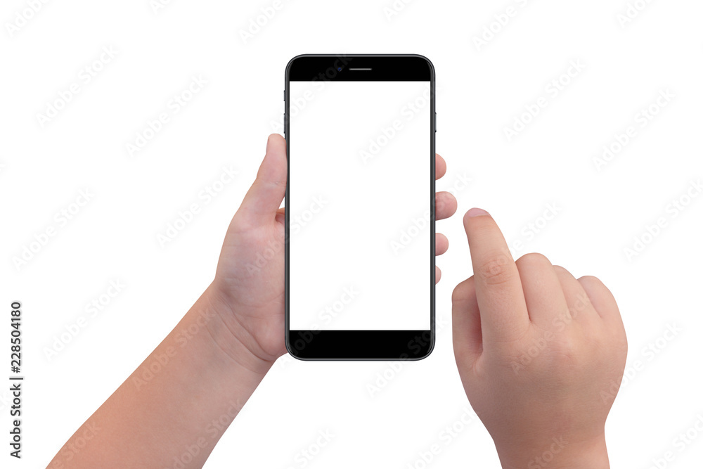 Little boy holding black modern smartphone with empty screen in hand, isolated on white background. Mockup Little boy holding black modern smartphone with empty screen in hand, isolated on white background. Mockup