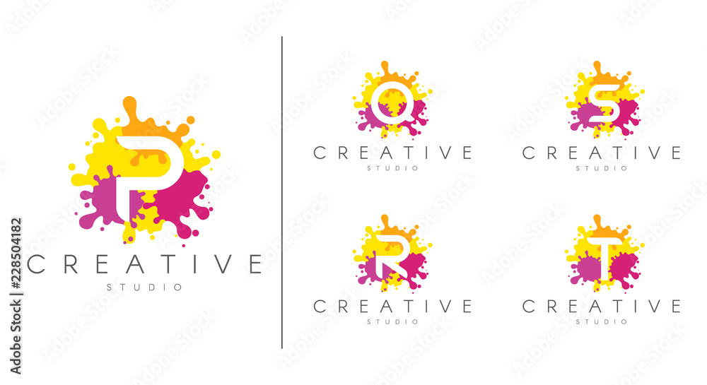 Obraz premium Letter logo set. Letter design for company name - P, Q, R, S, T. Set of letter at colorful paint splash background.