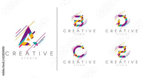 Letter logo set. Letter design for company name - A, B, C, D, E.  Abstract letters design, made of various geometric shapes in color. 