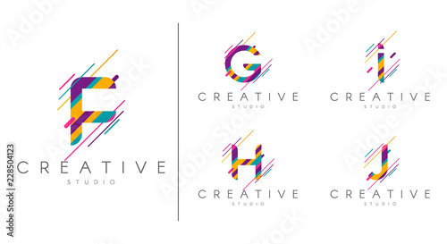 Letter logo set. Letter design for company name - F, G,H ,I, J.  Abstract letters design, made of various geometric shapes in color. 
