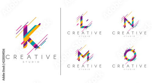 Letter logo set. Letter design for company name - K, L,M , N, O.  Abstract letters design, made of various geometric shapes in color. 