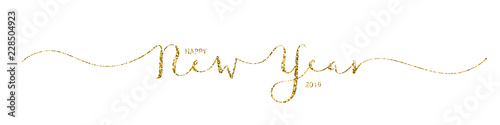 HAPPY NEW YEAR 2019 vector gold glitter hand lettering banner