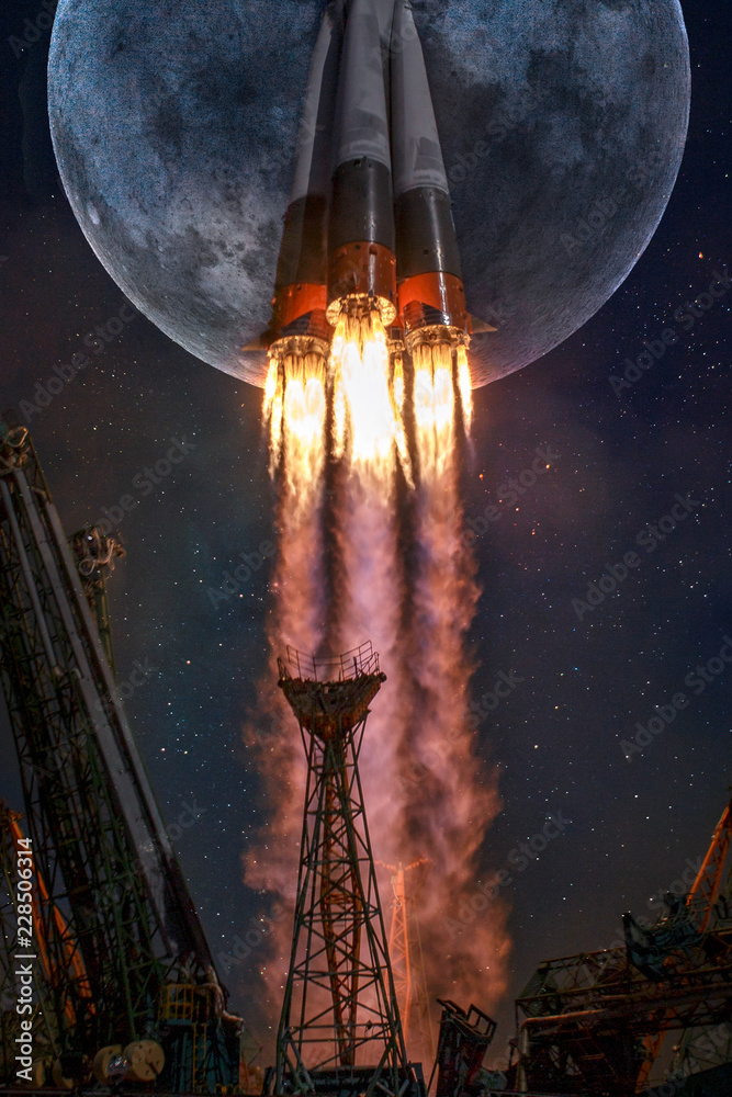 Spaceship taking off on a mission to the Moon, conceptual travel to the moon  collage. Rocket