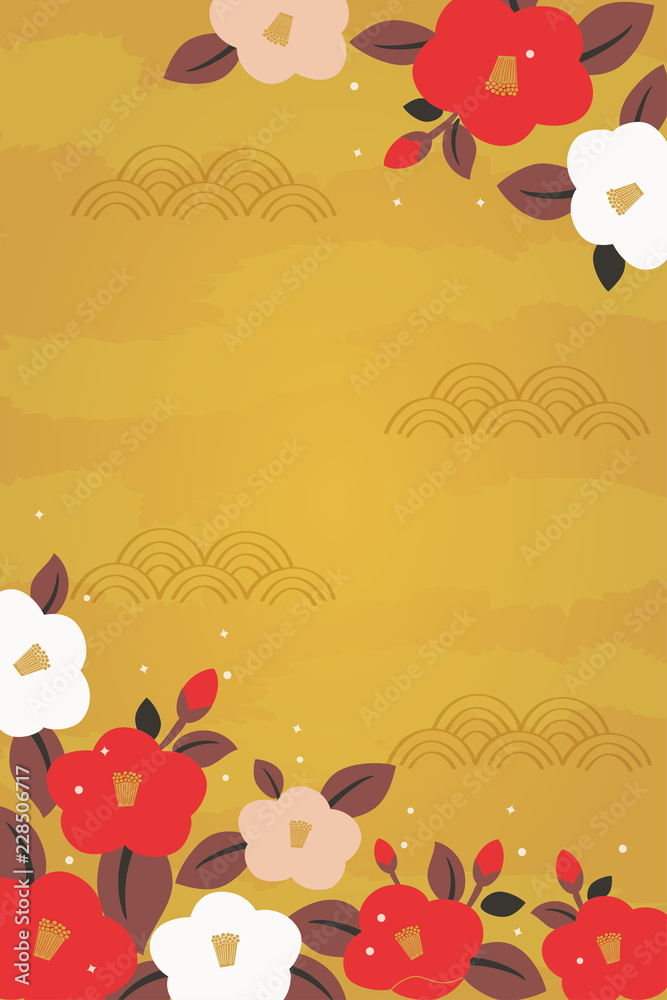Camellia flowers illustration on gold background Camellia flowers illustration on gold background
