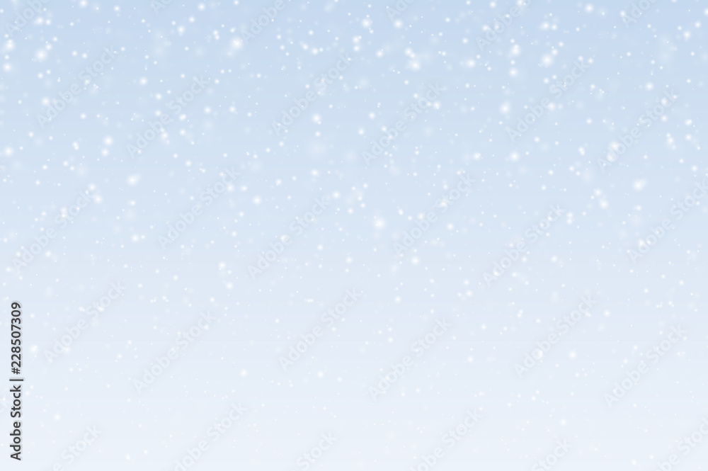 Vector illustration of transparent falling snowflakes in snow on a blue and gray sky. Suitable for Christmas greetings.