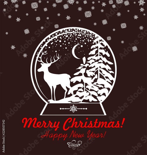 Quadro su tela Greeting vintage Christmas sweet card with paper cut out globe with winter lands