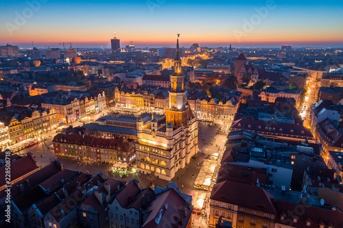 Aerial view on Poznan main square and old city at evening.