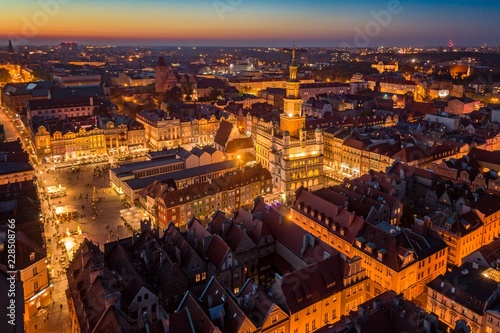 Evening aerial view on Poznan main square and old town.