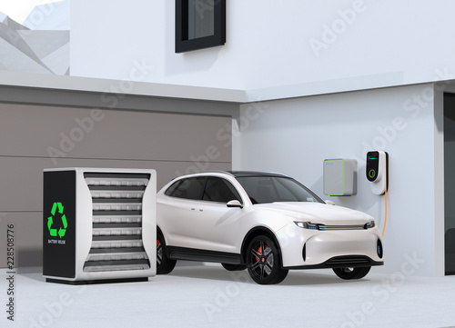 Electric vehicle recharging in garage. Charging station powered by reused EV batteries. 3D rendering image.