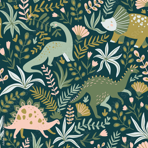 Fototapeta Hand drawn seamless pattern with dinosaurs and tropical leaves and flowers