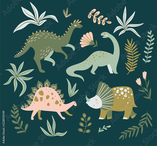 Hand drawn dinosaurs,  tropical leaves and flowers. Cute dino design elements. Vector illustration.