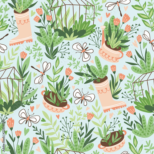 Cute vector seasonal seamless pattern. Growing flowers and plants in the greenhouse. Spring endless garden background. Happy gardening.
