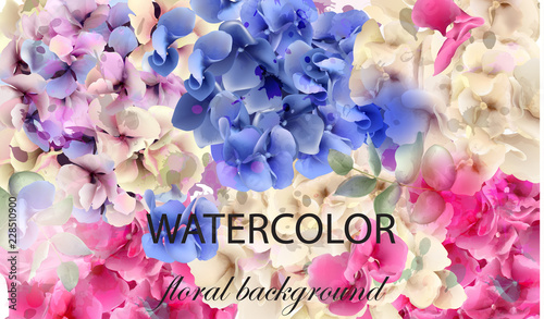 Hydrangeas Watercolor floral background Vector. Small colorful spring decors