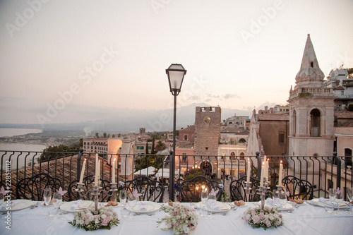 Wedding, banquet, restautant Baronessa, Taormina, Sicily, Italy panorama Etna mediteranean sea photo