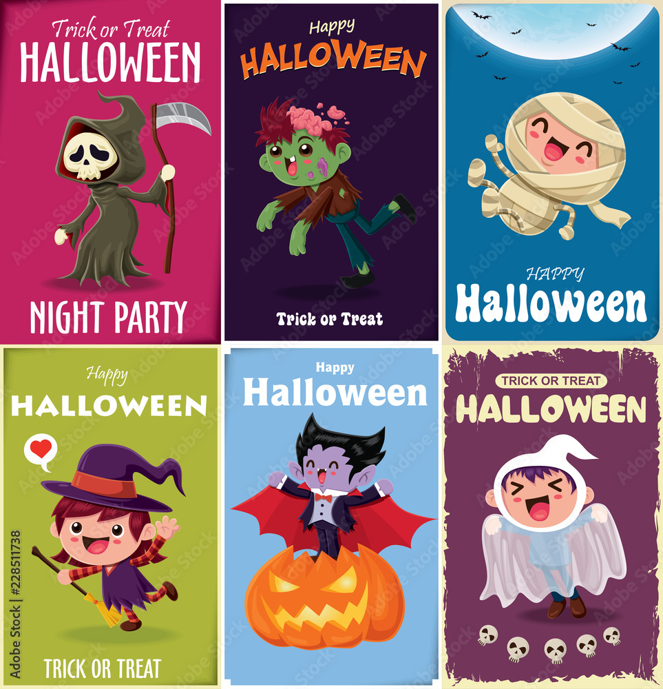 Fototapeta premium Vintage Halloween poster design with vector vampire, mummy, witch, zombie, bat, ghost, demon, Jack O Lantern, reaper, monster character. 