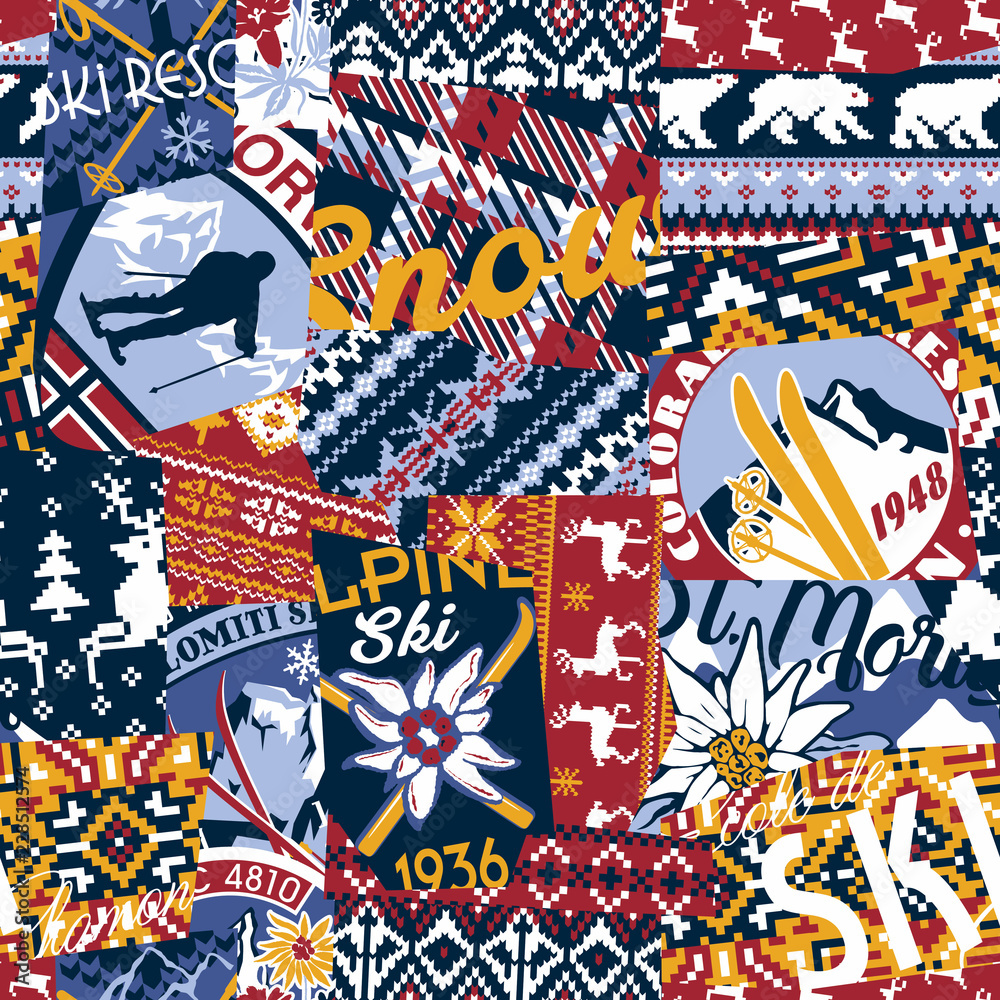 Alpine ski badges with nordic jacquard knitted patchwork wallpaper vector  seamless pattern
